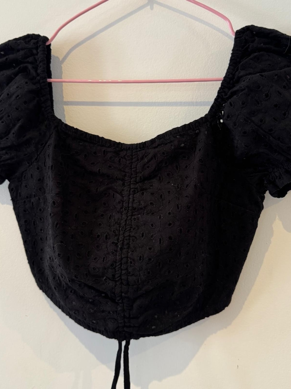 Poof New York Black Cotton Eyelet Smocked Puff Sleeve Crop Top S